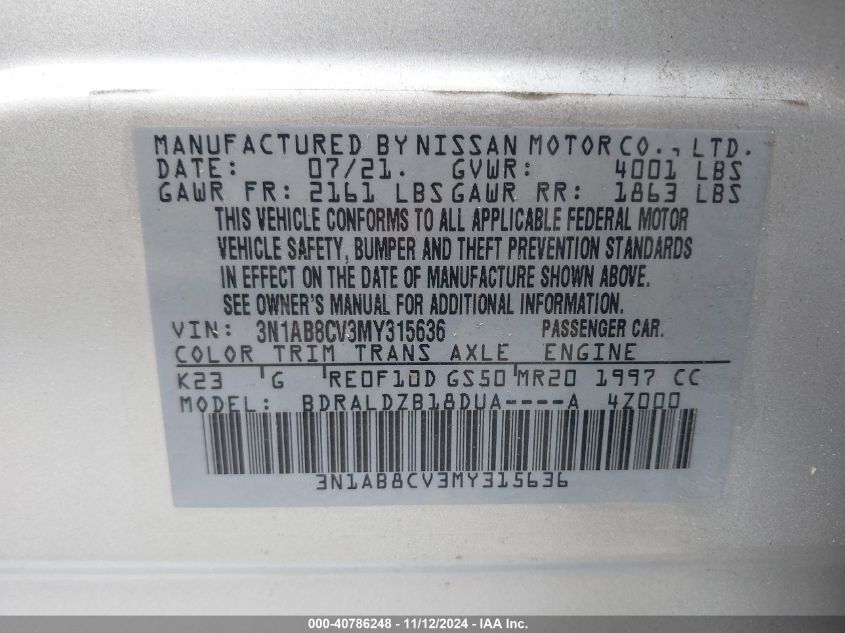 2021 Nissan Sentra Sv Xtronic Cvt VIN: 3N1AB8CV3MY315636 Lot: 40786248