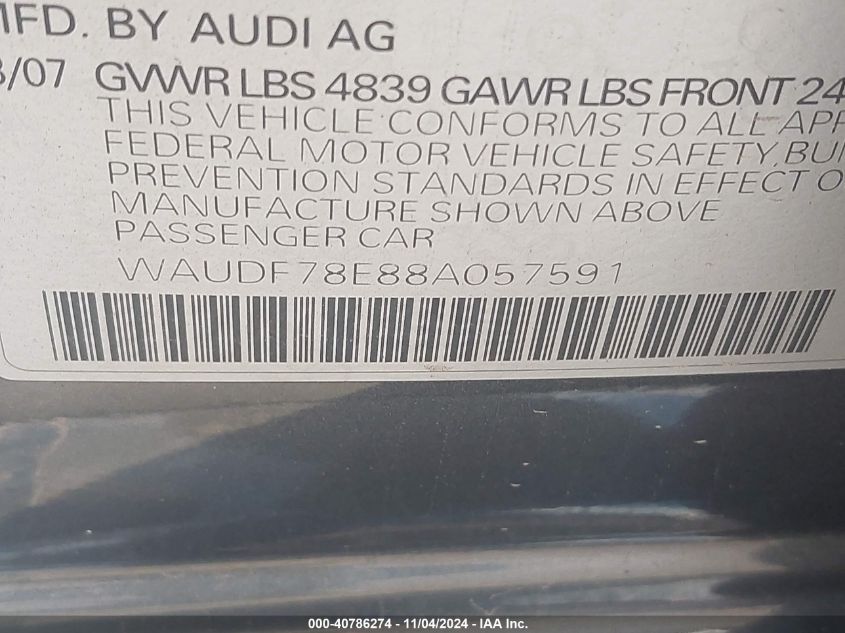 2008 Audi A4 2.0T VIN: WAUDF78E88A057591 Lot: 40786274