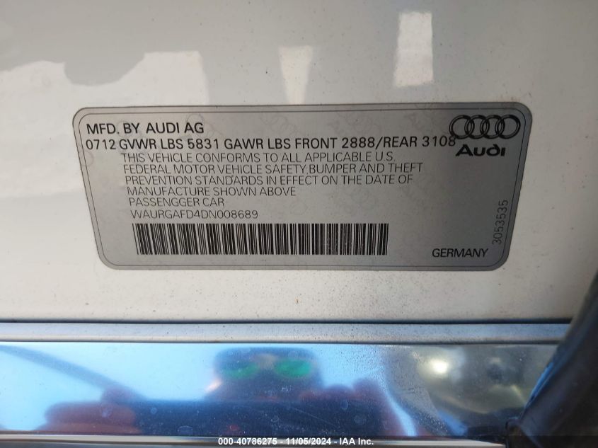 2013 Audi A8 L 3.0T VIN: WAURGAFD4DN008689 Lot: 40786275