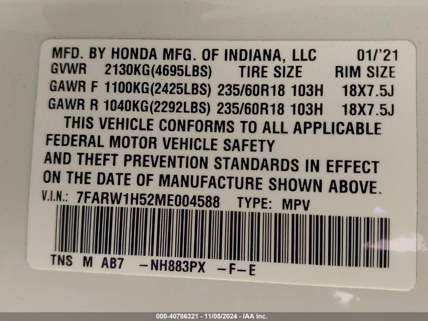 2021 Honda Cr-V 2Wd Ex VIN: 7FARW1H52ME004588 Lot: 40786321