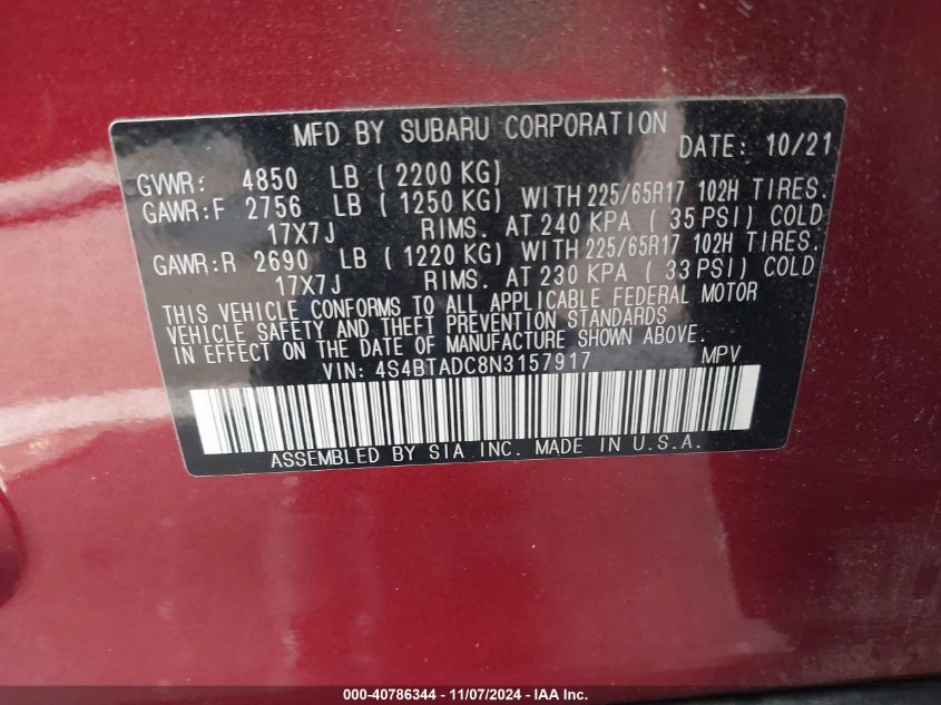 2022 Subaru Outback Premium VIN: 4S4BTADC8N3157917 Lot: 40786344