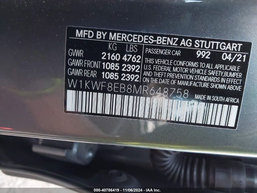 2021 Mercedes-Benz C 300 4Matic VIN: W1KWF8EB8MR648758 Lot: 40786419