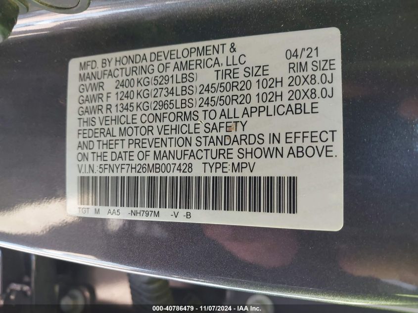 2021 Honda Passport 2Wd Sport VIN: 5FNYF7H26MB007428 Lot: 40786479