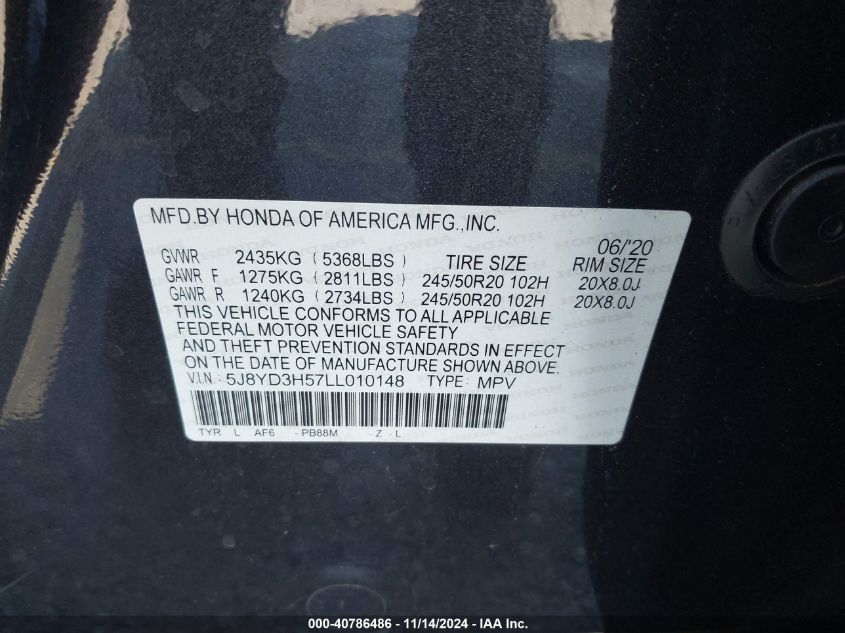 2020 Acura Mdx Technology Package VIN: 5J8YD3H57LL010148 Lot: 40786486