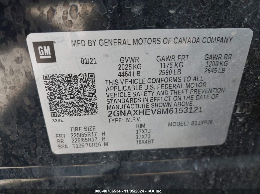 2021 Chevrolet Equinox Fwd Ls VIN: 2GNAXHEV8M6153121 Lot: 40786534