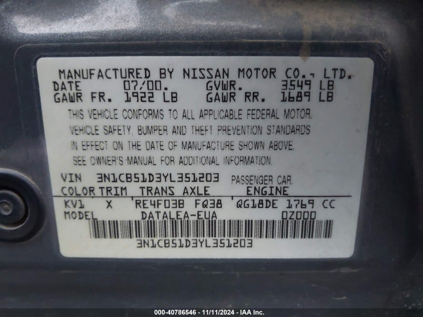 2000 Nissan Sentra Gxe/Xe VIN: 3N1CB51D3YL351203 Lot: 40786546