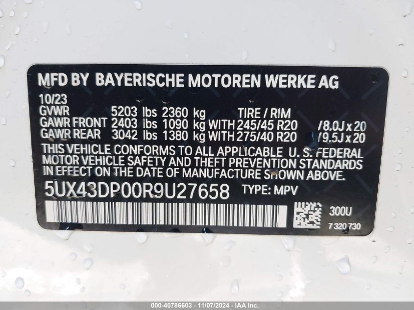 2024 BMW X3 Sdrive30I VIN: 5UX43DP00R9U27658 Lot: 40786603