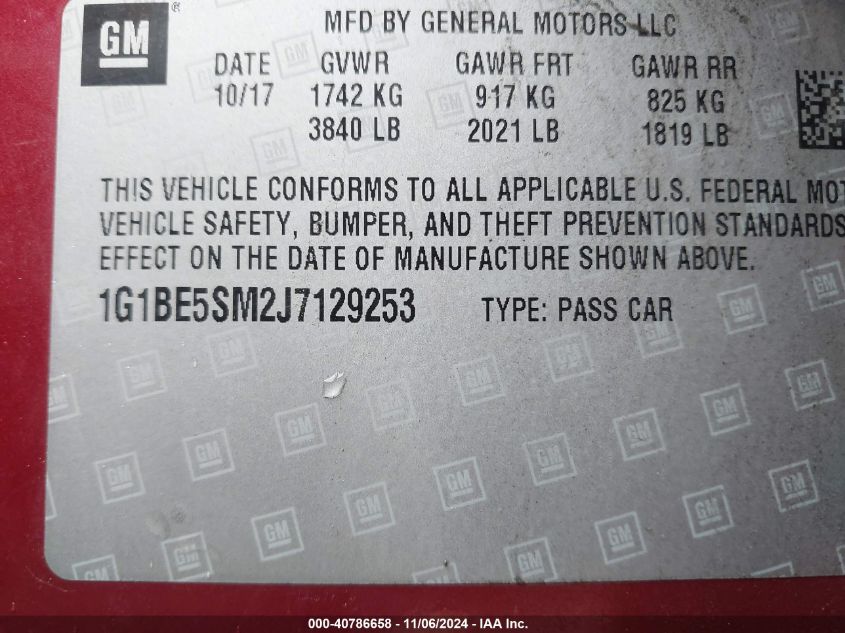 VIN 1G1BE5SM2J7129253 2018 CHEVROLET CRUZE LT AUTO
