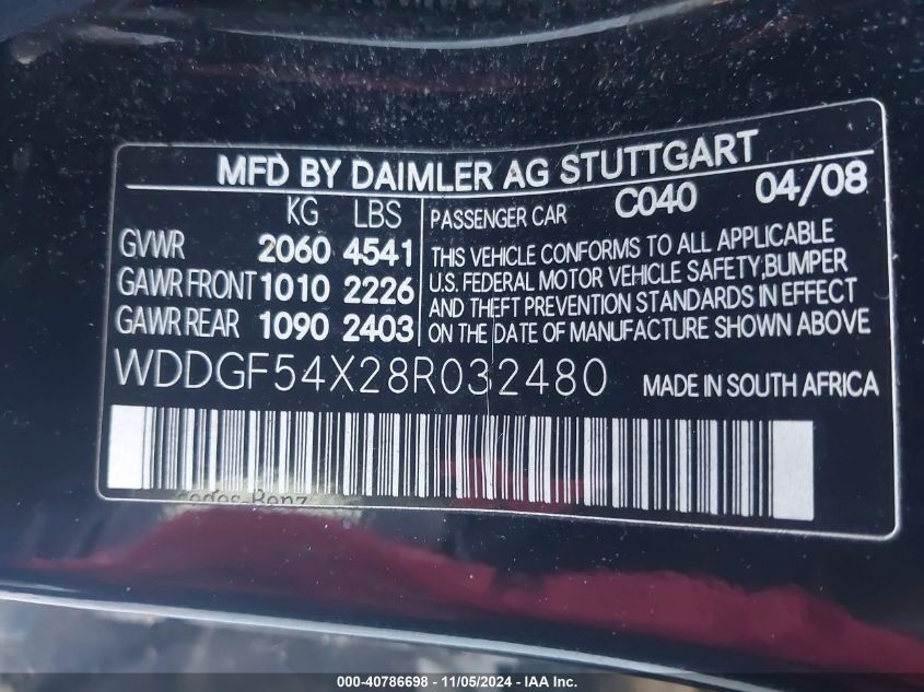 2008 Mercedes-Benz C 300 Luxury/Sport VIN: WDDGF54X28R032480 Lot: 40786698