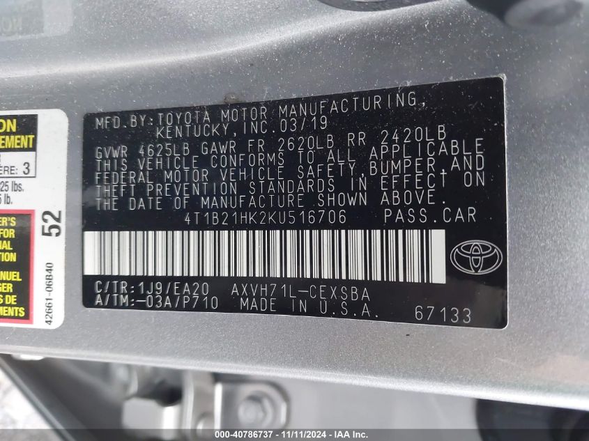 VIN 4T1B21HK2KU516706 2019 Toyota Camry, Hybrid SE no.9