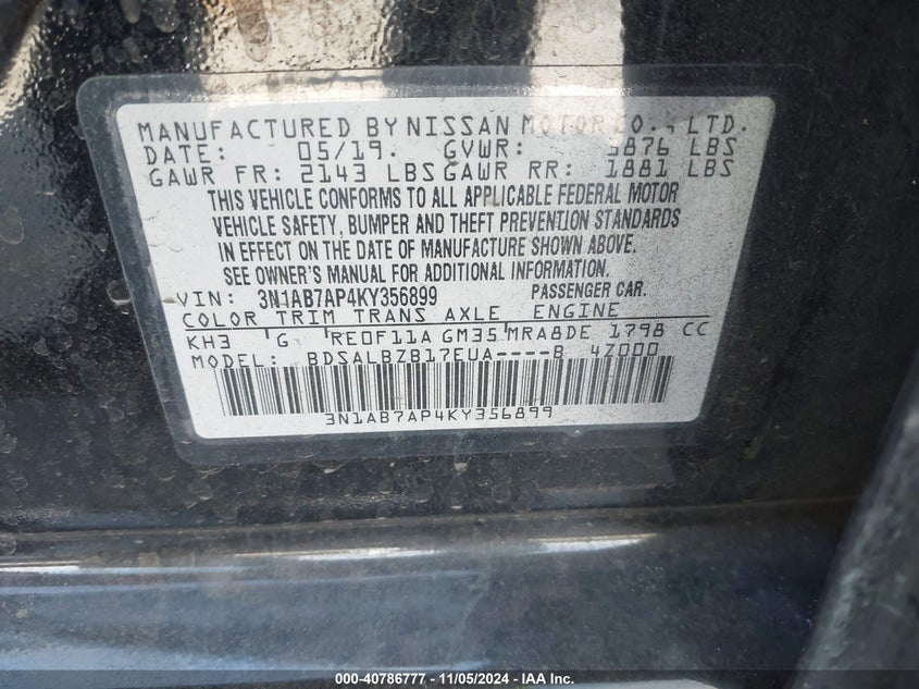 VIN 3N1AB7AP4KY356899 2019 NISSAN SENTRA S