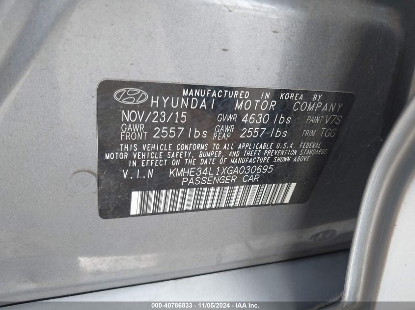 2016 Hyundai Sonata Hybrid Limited VIN: KMHE34L1XGA030695 Lot: 40786833