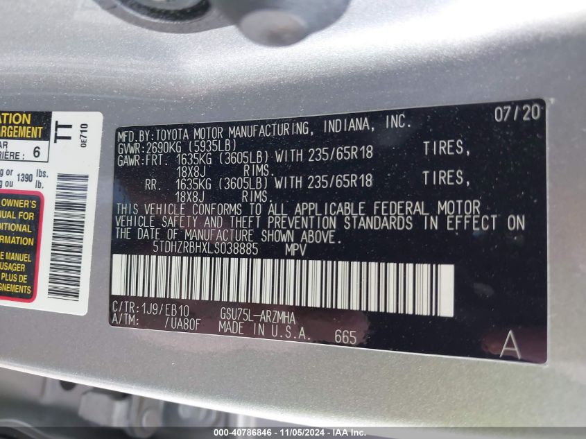 VIN 5TDHZRBHXLS038885 2020 Toyota Highlander, Xle no.9