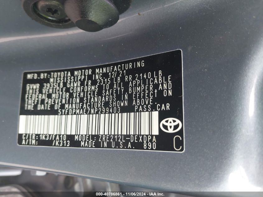 VIN 5YFDPMAE7NP299403 2022 TOYOTA COROLLA no.9