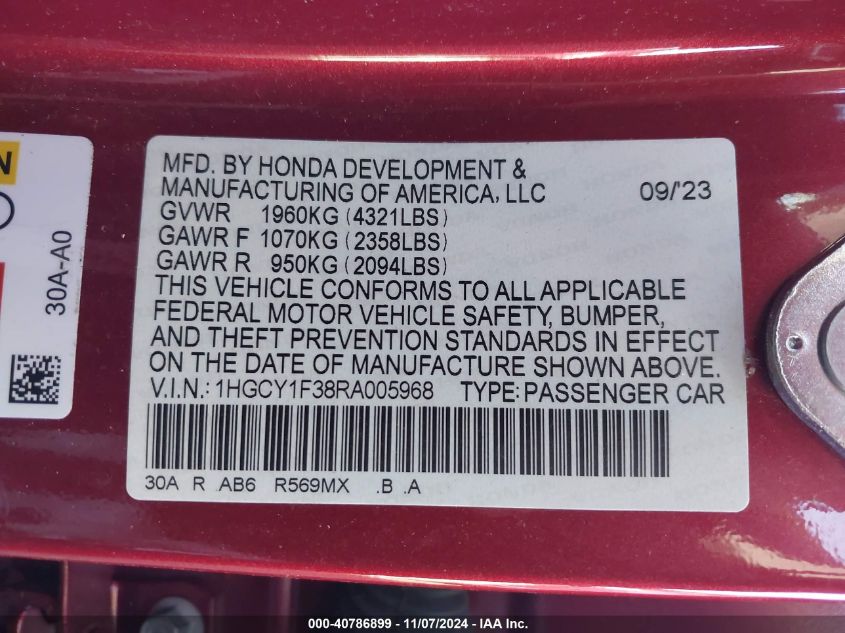 2024 Honda Accord Ex VIN: 1HGCY1F38RA005968 Lot: 40786899