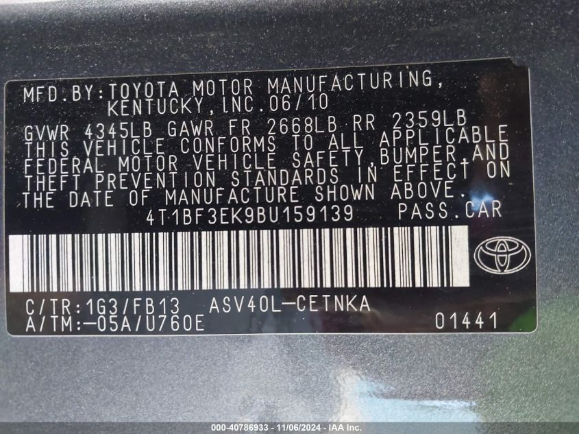 2011 Toyota Camry Le VIN: 4T1BF3EK9BU159139 Lot: 40786933