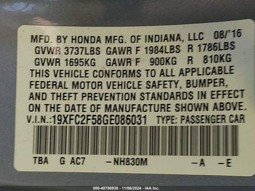 2016 Honda Civic Lx VIN: 19XFC2F58GE086031 Lot: 40786938