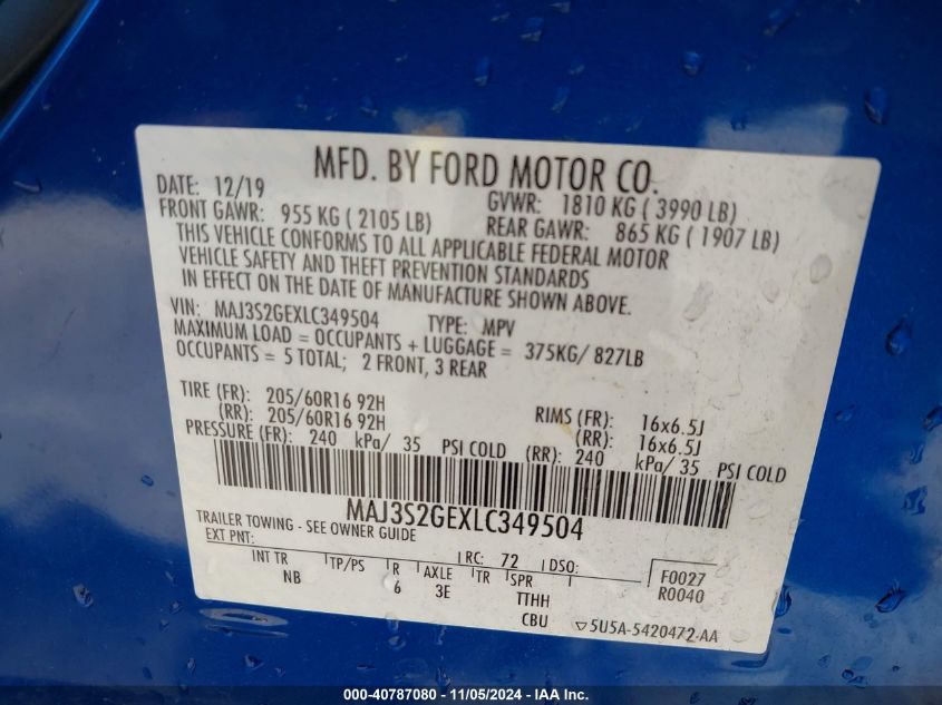 2020 Ford Ecosport Se VIN: MAJ3S2GEXLC349504 Lot: 40787080