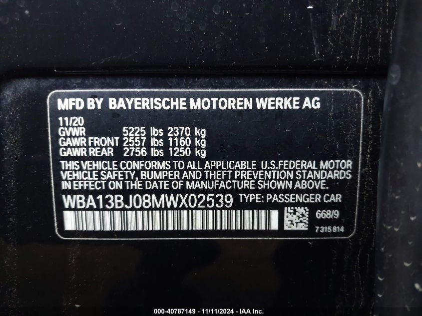 2021 BMW 530I Xi VIN: WBA13BJ08MWX02539 Lot: 40787149