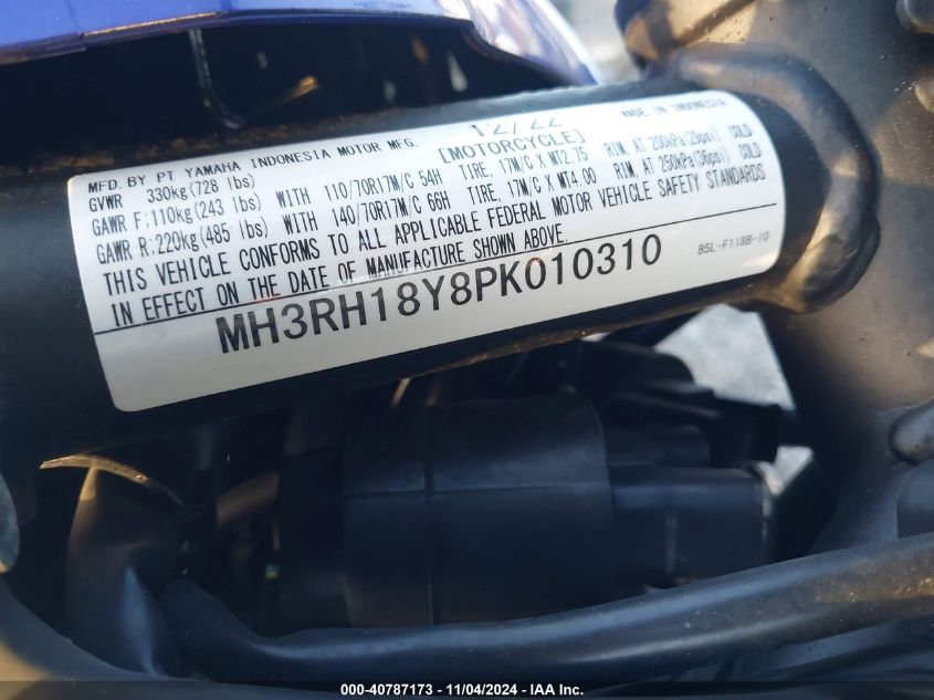 2023 Yamaha Yzfr3 A VIN: MH3RH18Y8PK010310 Lot: 40787173