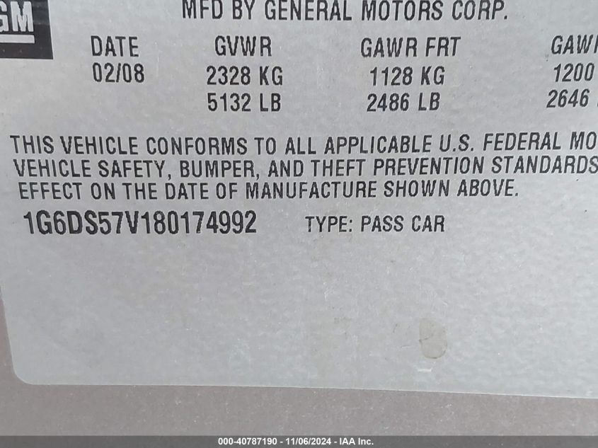 2008 CADILLAC CTS VIN: 1G6DS57V180174992