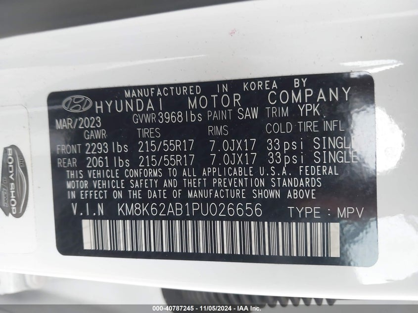VIN KM8K62AB1PU026656 2023 HYUNDAI KONA SEL