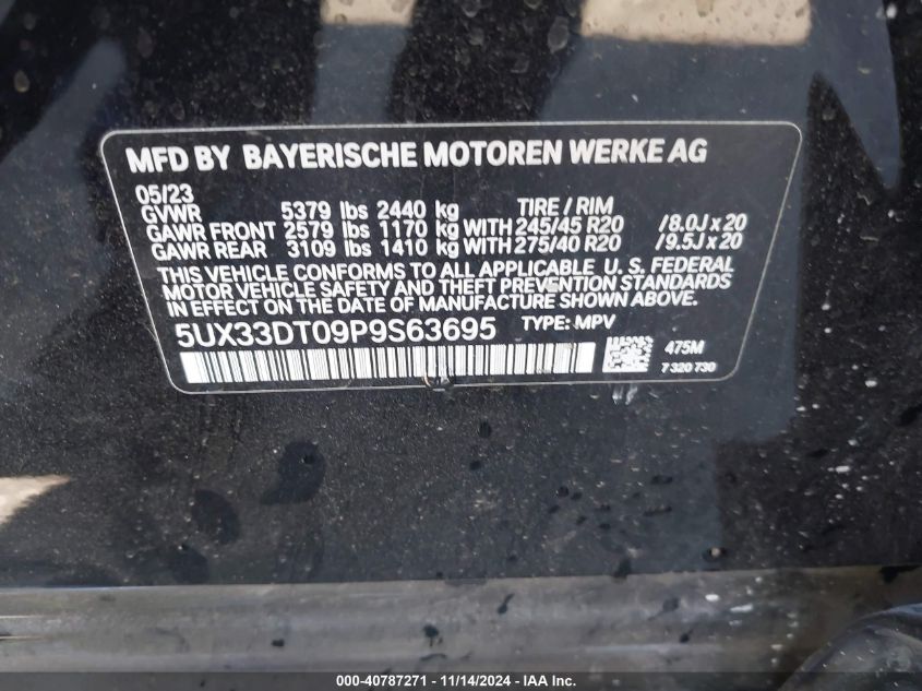 2023 BMW X4 xDrive30I VIN: 5UX33DT09P9S63695 Lot: 40787271