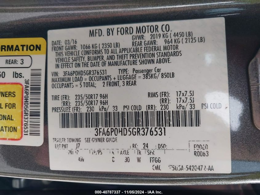 2016 Ford Fusion Se VIN: 3FA6P0HD5GR376531 Lot: 40787337