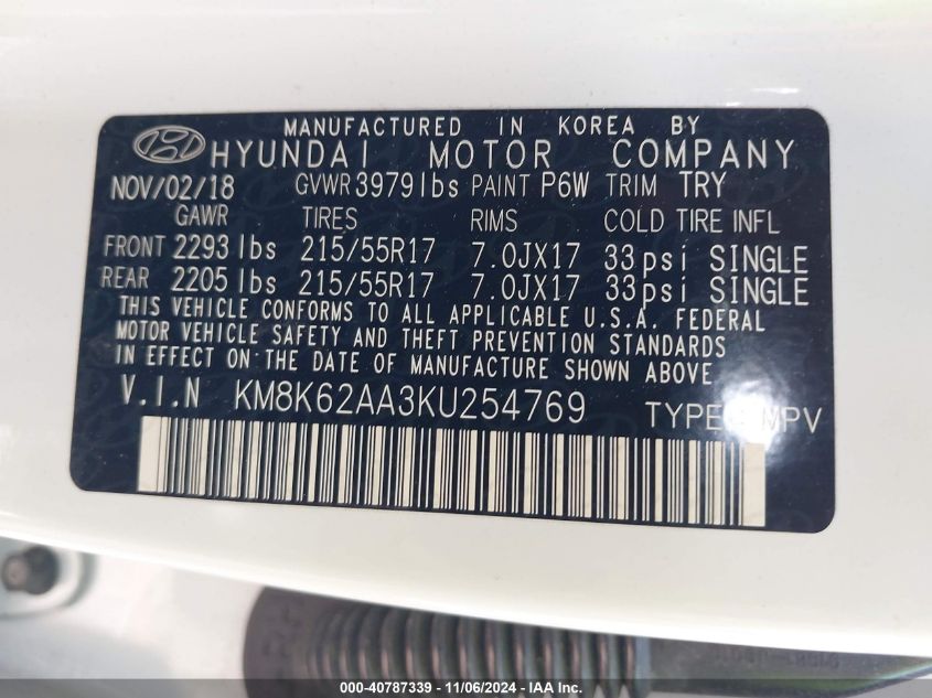 2019 Hyundai Kona Sel VIN: KM8K62AA3KU254769 Lot: 40787339