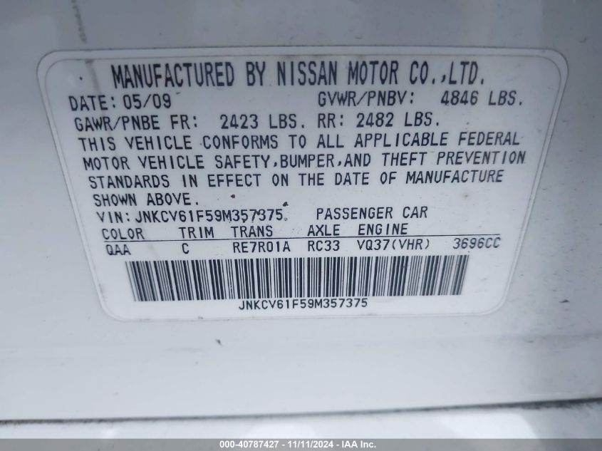 2009 INFINITI G37X VIN: JNKCV61F59M357375