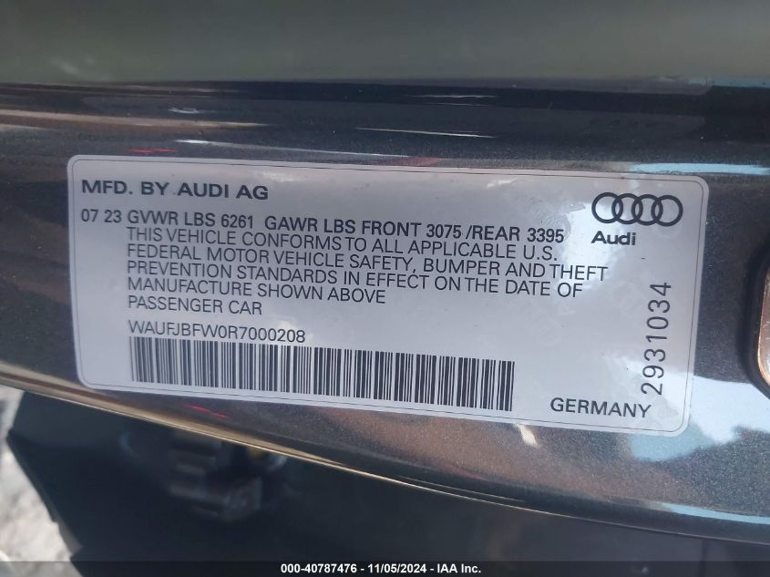 2024 Audi E-Tron Gt Premium Plus Quattro VIN: WAUFJBFW0R7000208 Lot: 40787476