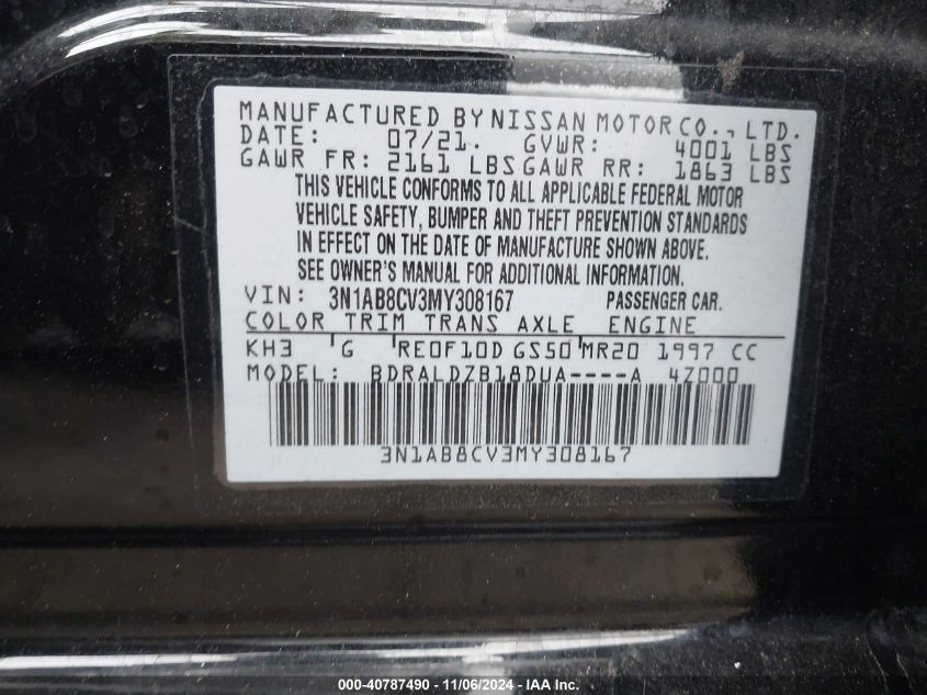 2021 Nissan Sentra Sv Xtronic Cvt VIN: 3N1AB8CV3MY308167 Lot: 40787490