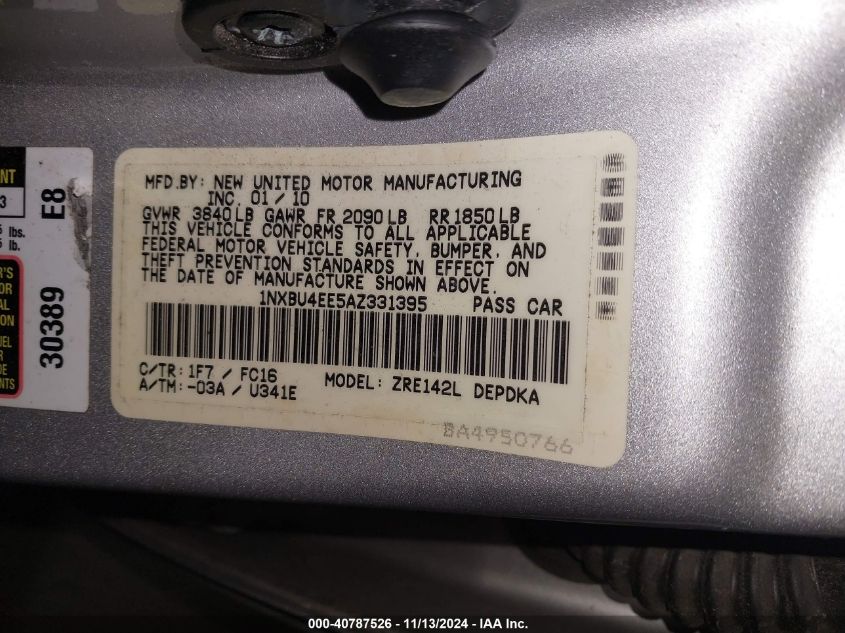 2010 Toyota Corolla Le VIN: 1NXBU4EE5AZ331395 Lot: 40787526