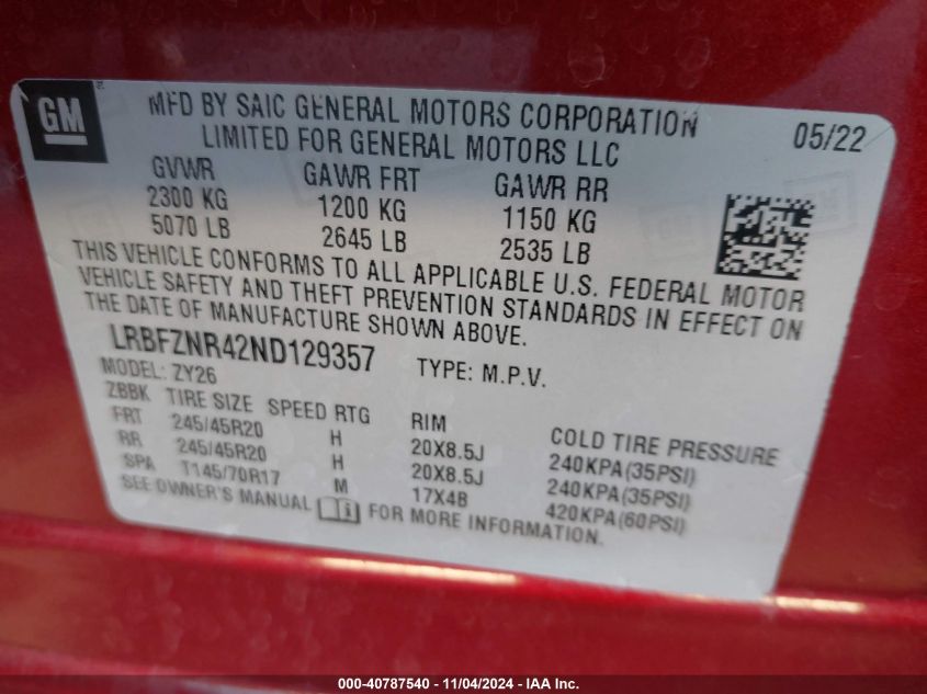 2022 Buick Envision Fwd Essence VIN: LRBFZNR42ND129357 Lot: 40787540