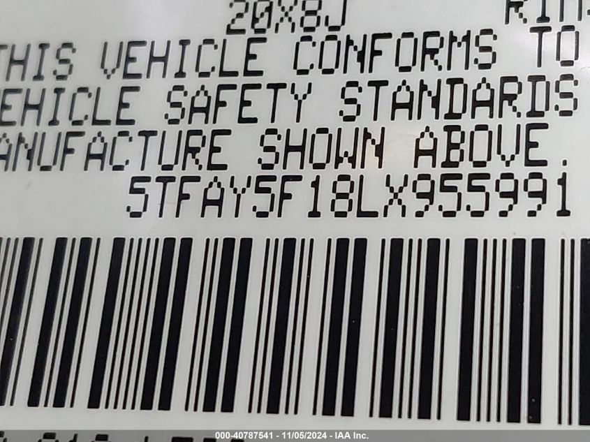 2020 Toyota Tundra Platinum VIN: 5TFAY5F18LX955991 Lot: 40787541