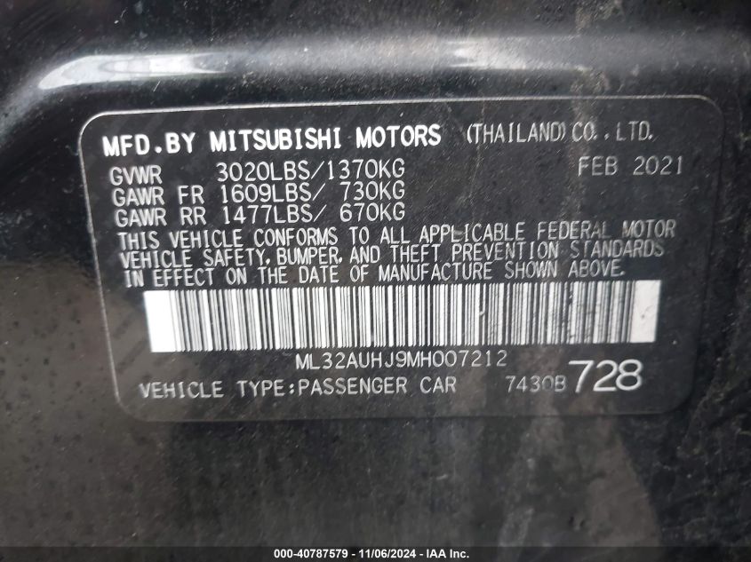 2021 Mitsubishi Mirage Carbonite Edition/Es/Le VIN: ML32AUHJ9MH007212 Lot: 40787579