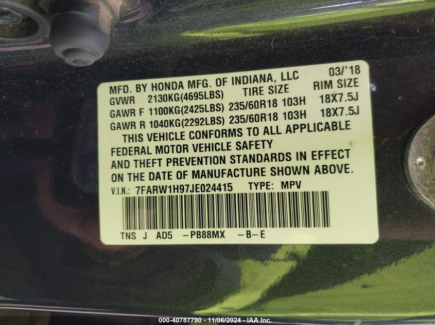2018 HONDA CR-V TOURING - 7FARW1H97JE024415