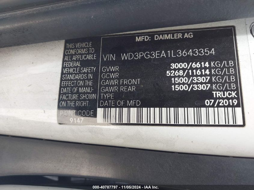 2020 Mercedes-Benz Metris VIN: WD3PG3EA1L3643354 Lot: 40787797