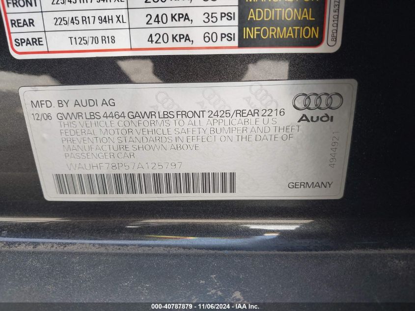 2007 Audi A3 2.0T VIN: WAUHF78P57A125797 Lot: 40787879