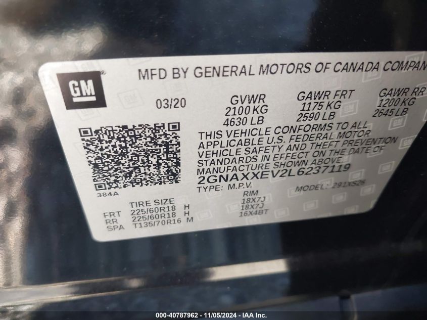 2020 Chevrolet Equinox Awd Premier 1.5L Turbo VIN: 2GNAXXEV2L6237119 Lot: 40787962