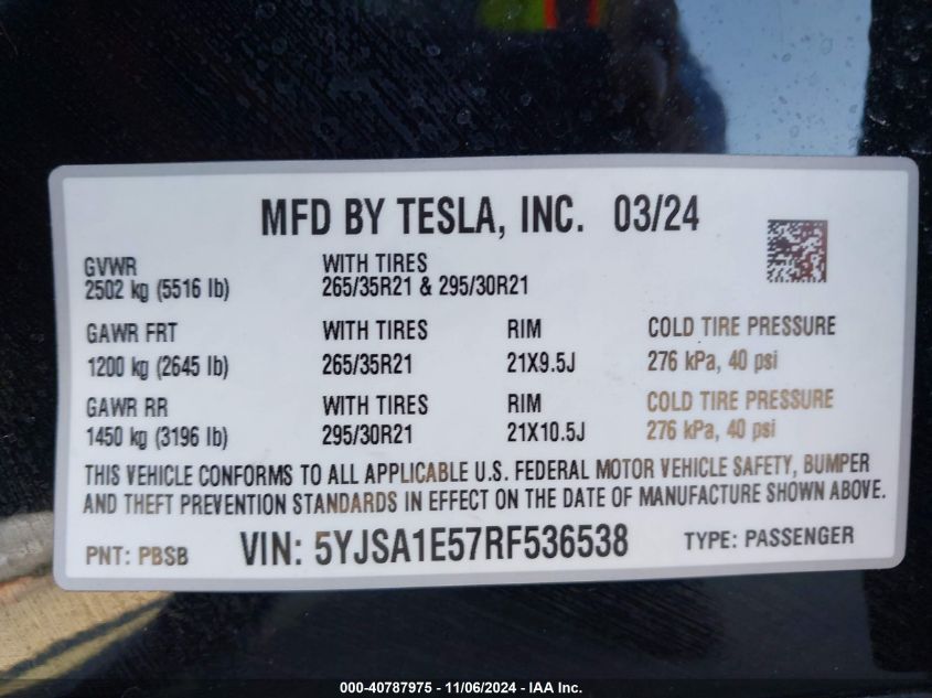 2024 Tesla Model S Long Range VIN: 5YJSA1E57RF536538 Lot: 40787975