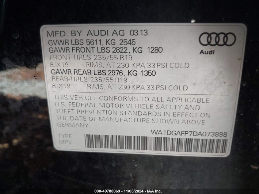 2013 Audi Q5 3.0T Premium Plus VIN: WA1DGAFP7DA073898 Lot: 40788069