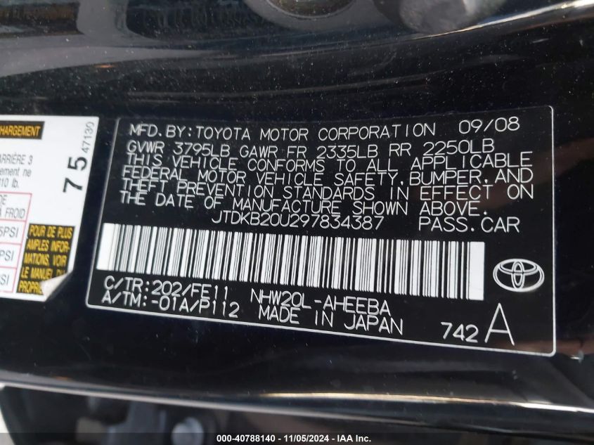 2009 Toyota Prius VIN: JTDKB20U297834387 Lot: 40788140