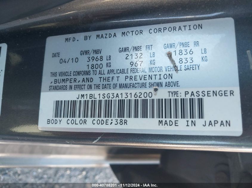 2010 Mazda 3 I VIN: JM1BL1SG3A1316200 Lot: 40788201