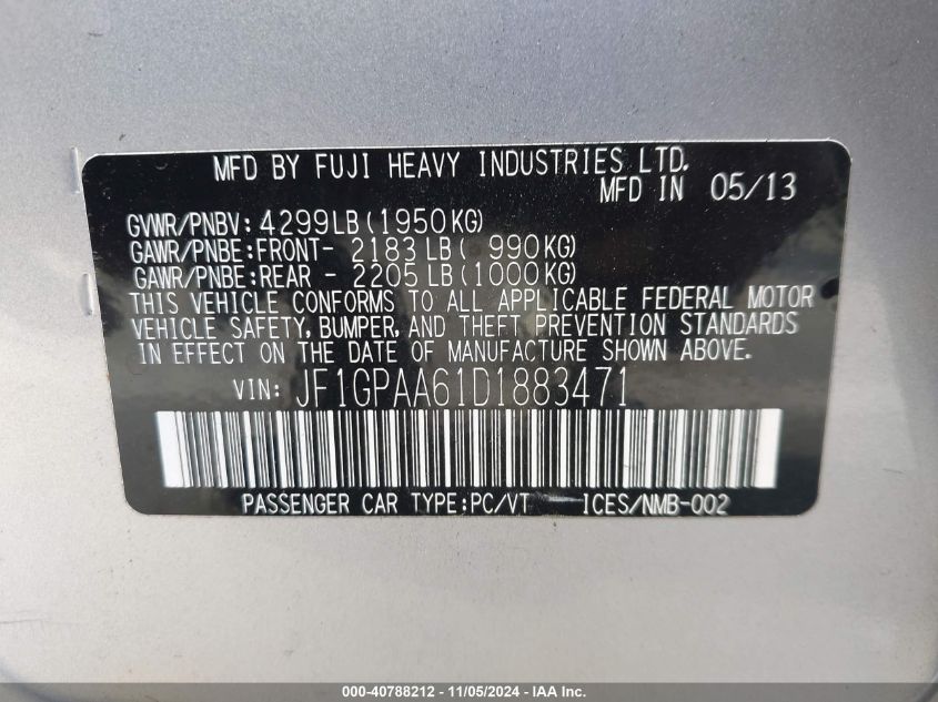 2013 Subaru Impreza 2.0I VIN: JF1GPAA61D1883471 Lot: 40788212