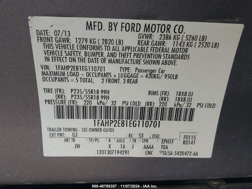 2014 Ford Taurus Sel VIN: 1FAHP2E81EG110701 Lot: 40788357