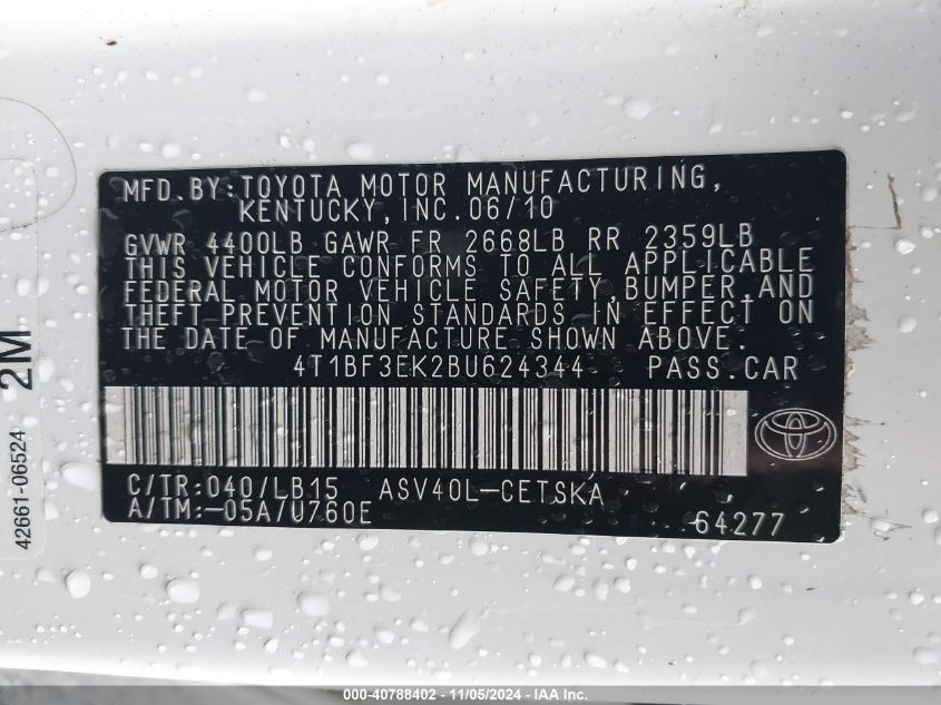 2011 Toyota Camry Se VIN: 4T1BF3EK2BU624344 Lot: 40788402