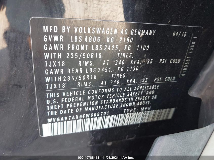 2015 Volkswagen Tiguan Se VIN: WVGAV7AX6FW608701 Lot: 40788413