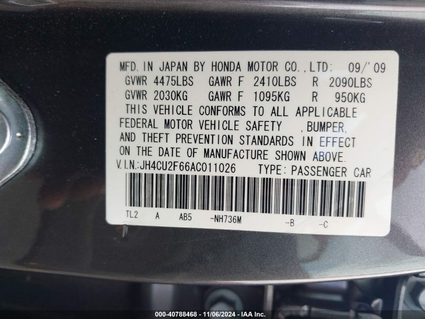 2010 Acura Tsx 2.4 VIN: JH4CU2F66AC011026 Lot: 40788468