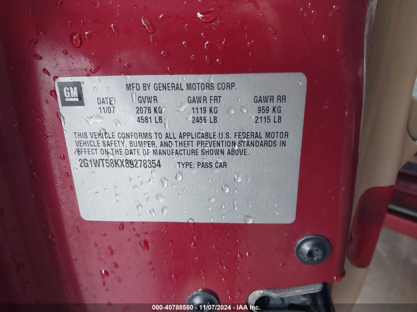 2008 Chevrolet Impala Lt VIN: 2G1WT58KX89278354 Lot: 40788580